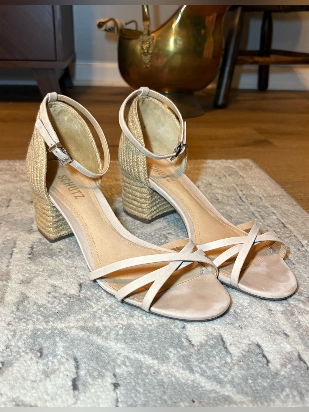 SCHUTZ Neutral Beige Strappy Wedge Sandals with Ankle Strap